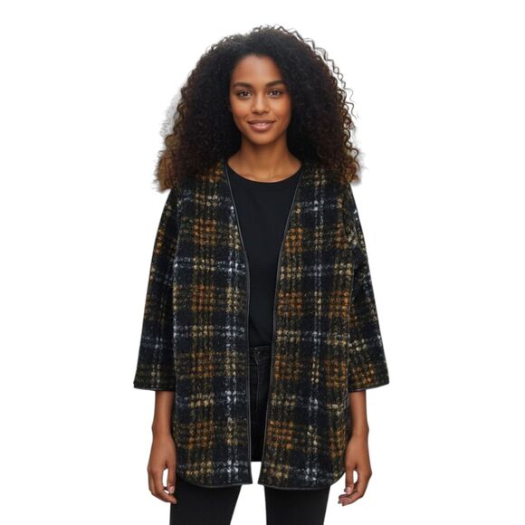 Ava Viv Plaid Jacket Cardigan 1X Women Black Yellow Orange Faux Leather Trim - Picture 1 of 8